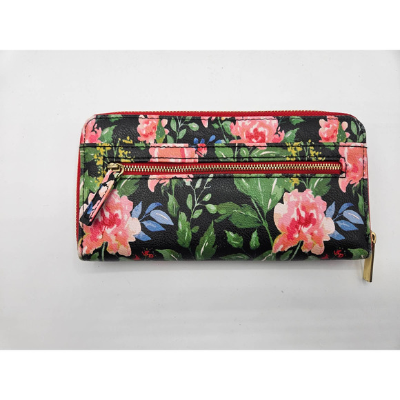 Women's Floral Wallet Card Holder Zipper Pouch Black Red Pink Green - Picture 2 of 6